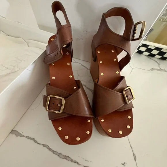 Celine Brown Leather Studded Platform Wedge Sandals - Picture 2 of 5